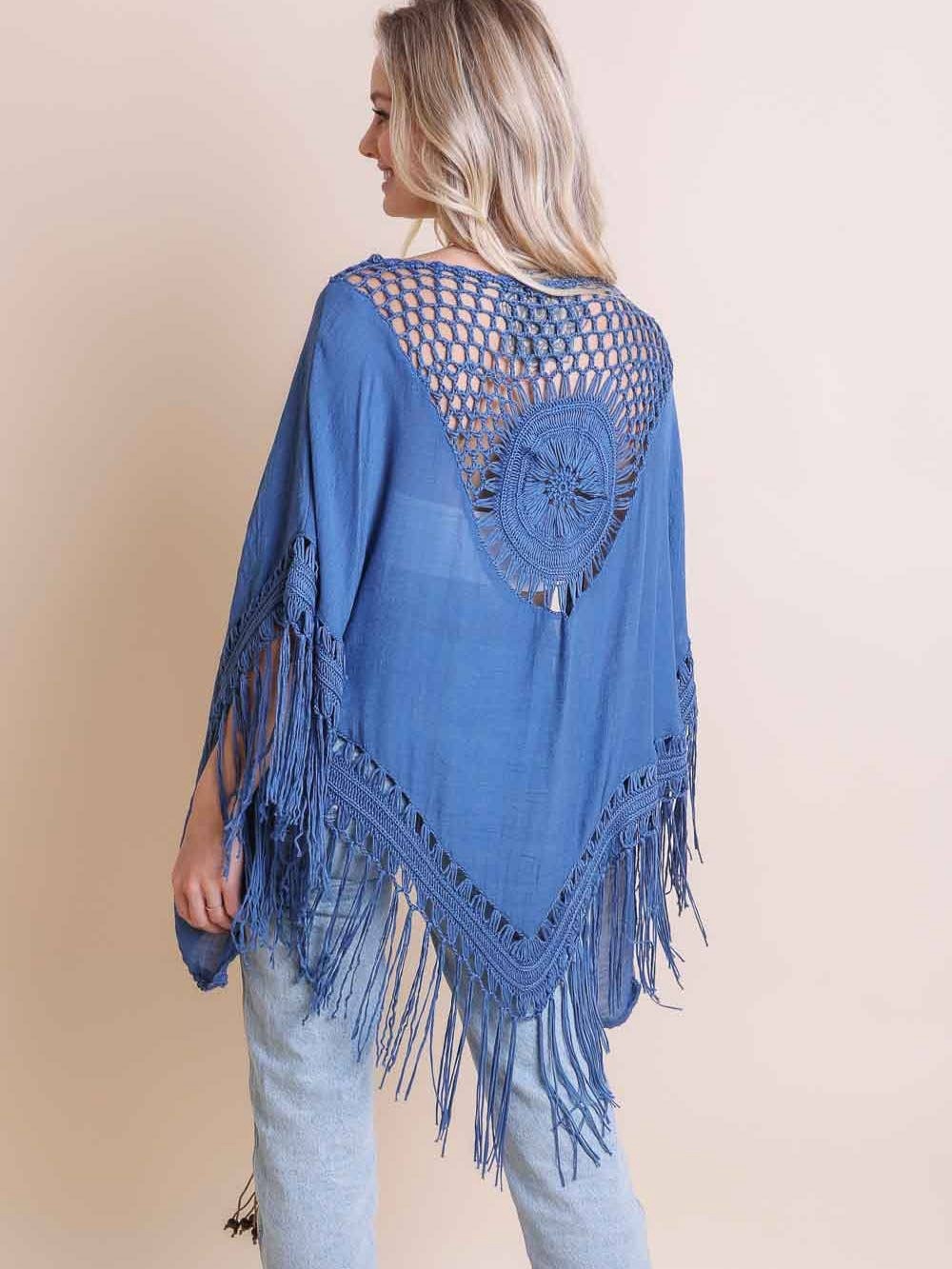 Ever B Boho Crochet Fringe Kimono in Dusty Blue, Size L
